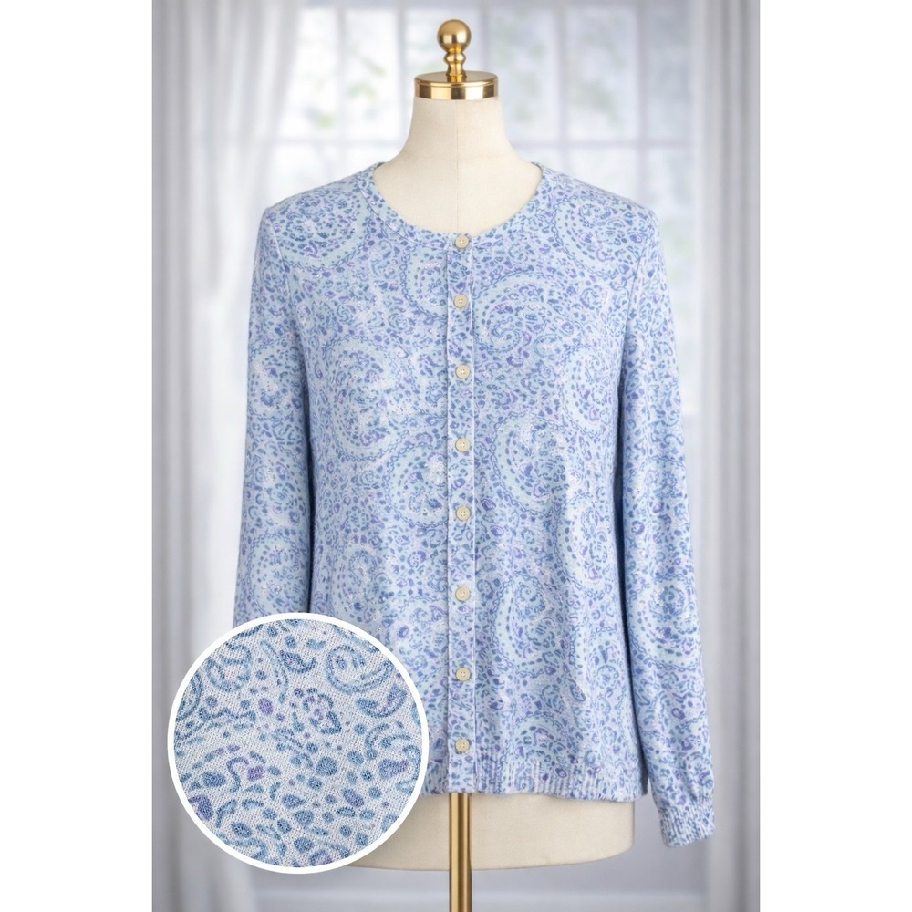 LL Bean 100% Supima Cotton Cardigan Lightweight Blue Paisley Full Button Size S